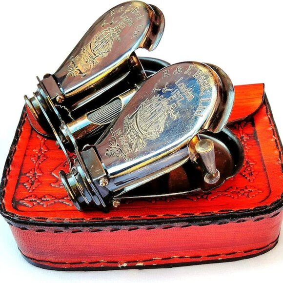 Brass Binoculars with Leather Case Antique Reproduction Nautical Spyglass - Picture 6 of 7